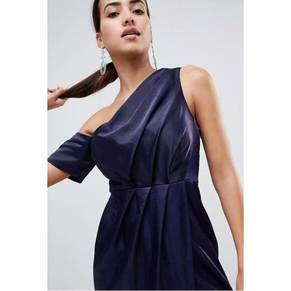 Navy Draped Dress One-Shoulder Satin Sz 10 Slit Evening Cocktail Blue Long ASOS - Picture 11 of 16